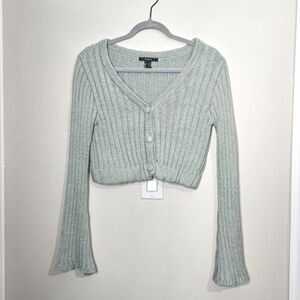 Forever 21 Ribbed Knit Cardigan Sweater Bell Sleeves Light Green Small